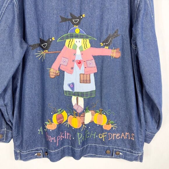 Quacker Factory Medium Denim Jacket‎ Jean Fall Autumn Scarecrow Pumpkin 1582 - Picture 8 of 11